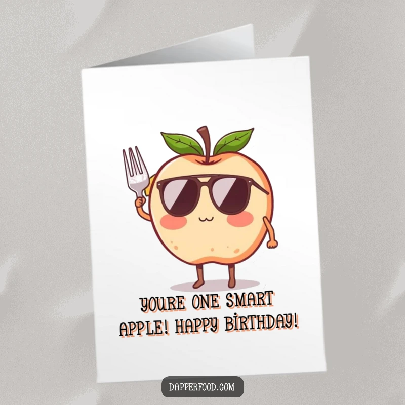 Funny free printable birthday card: a blushing apple in sunglasses salutes smartly with a tiny fork, looking effortlessly cool.
