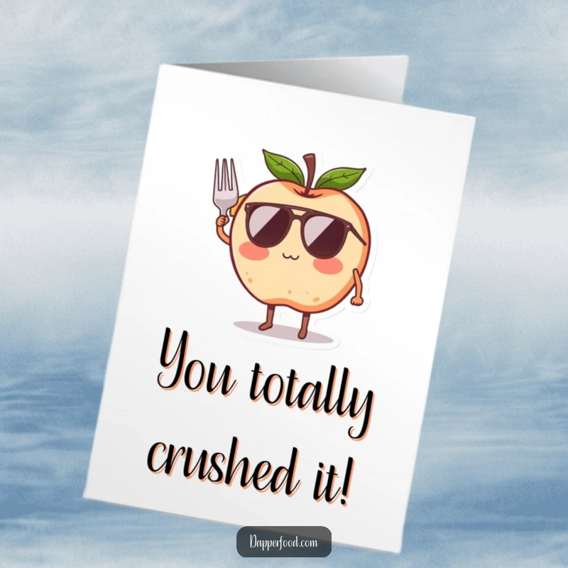 Funny free printable congratulations card showing a blushing apple with legs, sunglasses, and a tiny fork salute, celebrating achievement.