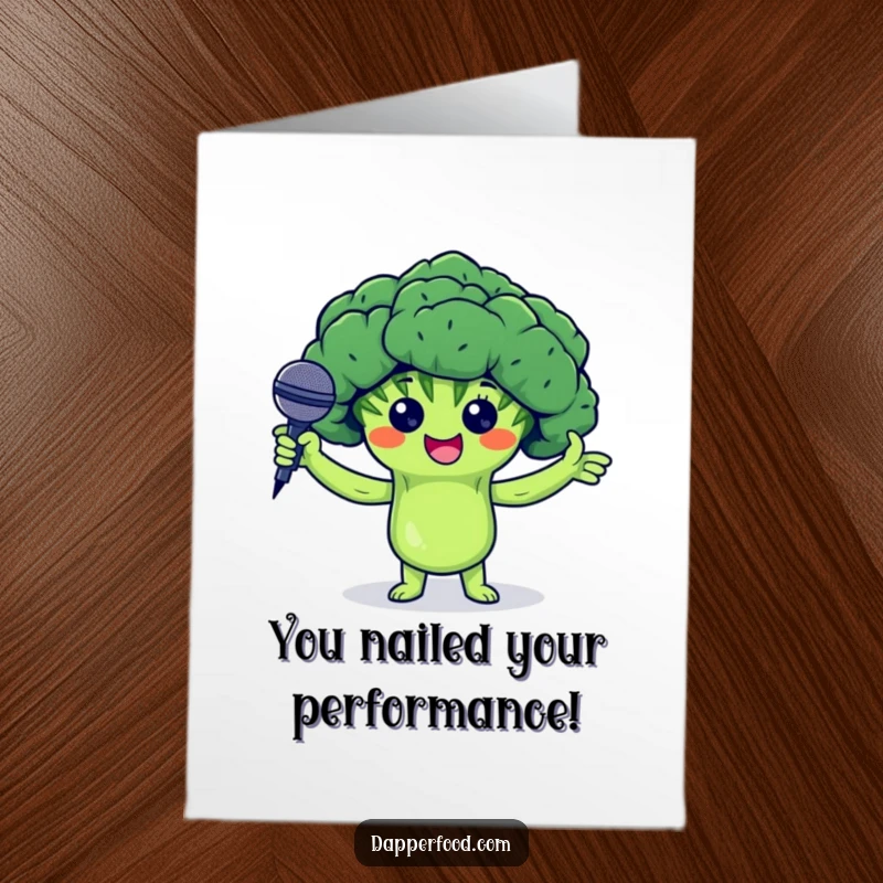 Funny free printable congratulations card showing a proud broccoli floret with arms holding a tiny microphone, celebrating success.