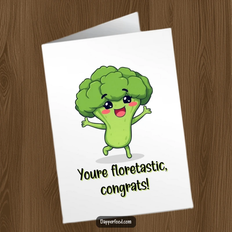 Funny Free Printable Congratulations Card showing a happy broccoli floret busting out some hilarious dance moves.
