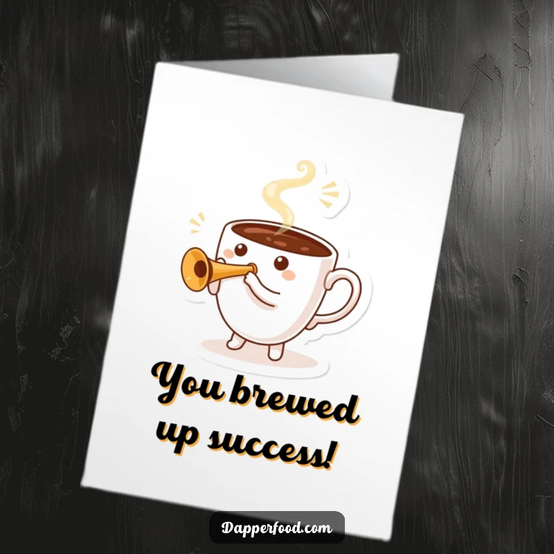 Funny Free Printable Congratulations Card featuring a coffee cup character tooting a miniature trumpet with celebratory steam.