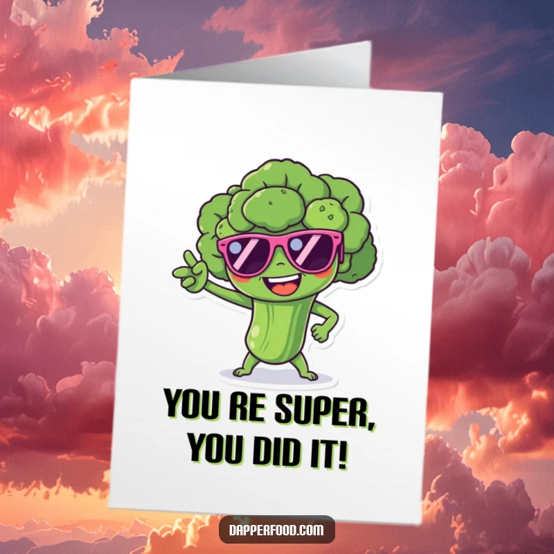 Funny Free Printable Congrats Card: Broccoli superhero in tiny sunglasses strikes a heroic pose, celebrating achievements.