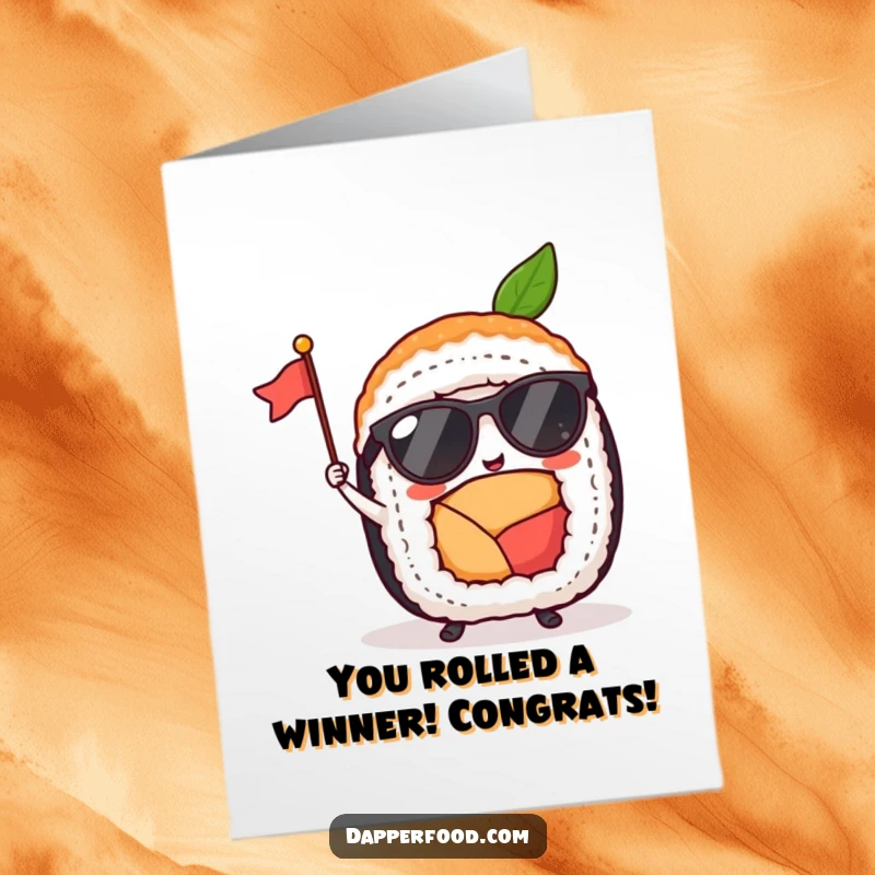 Funny Free Printable congratulations card: Sushi roll with tiny sunglasses cheers with a tiny flag, perfect for celebrating wins.