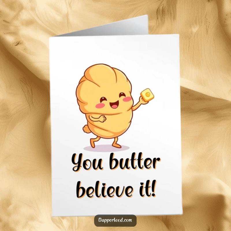 Funny free printable congratulations card: A happy croissant character performing a lively jig, accompanied by a small butter pat.
