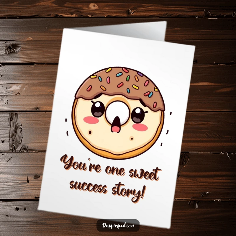Funny Free Printable Congrats Card: Surprised doughnut character with sprinkles raining down, celebrating success joyfully, downloadable art.