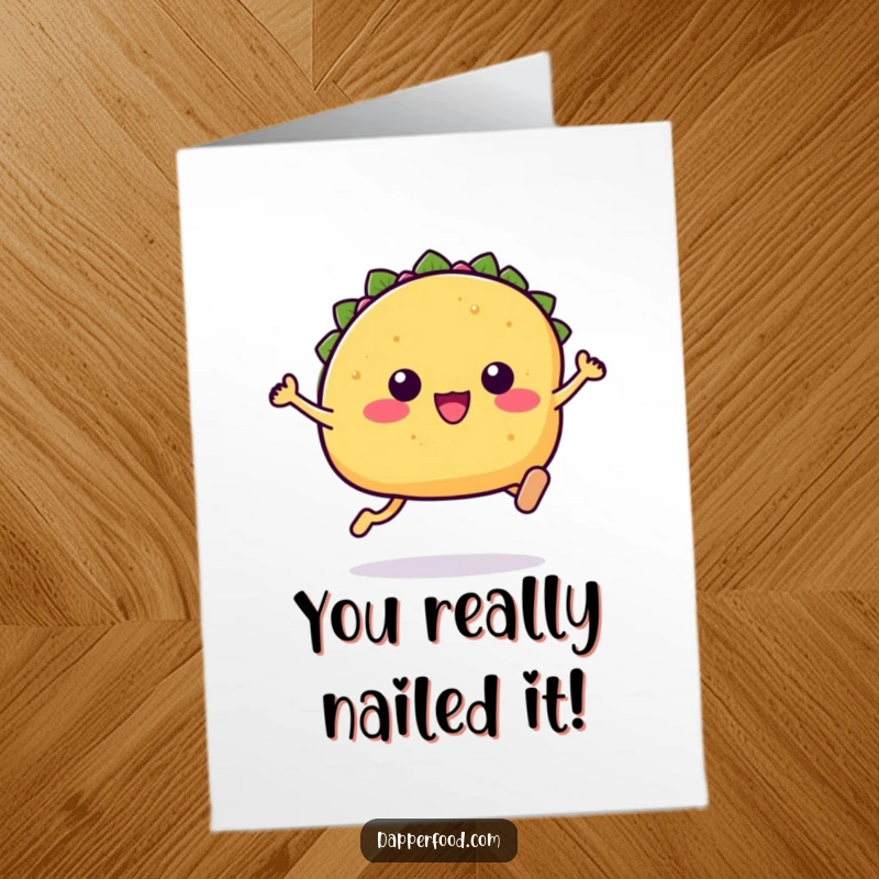 Funny Free Printable Congrats Card: A dynamic Kawaii taco with tiny legs mid-leap, conveying enthusiastic congratulations with pure energy.