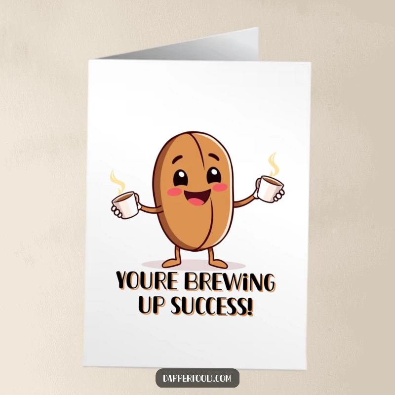 Funny Free Printable Congrats Card: A happy coffee bean character expertly juggling multiple tiny, steaming coffee cups with a grin.