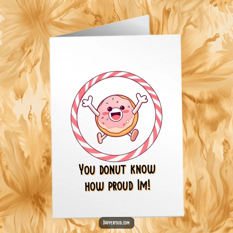 Funny Free Printable Congratulations Card: Gleeful donut jumping through a licorice hoop, celebrating an achievement.