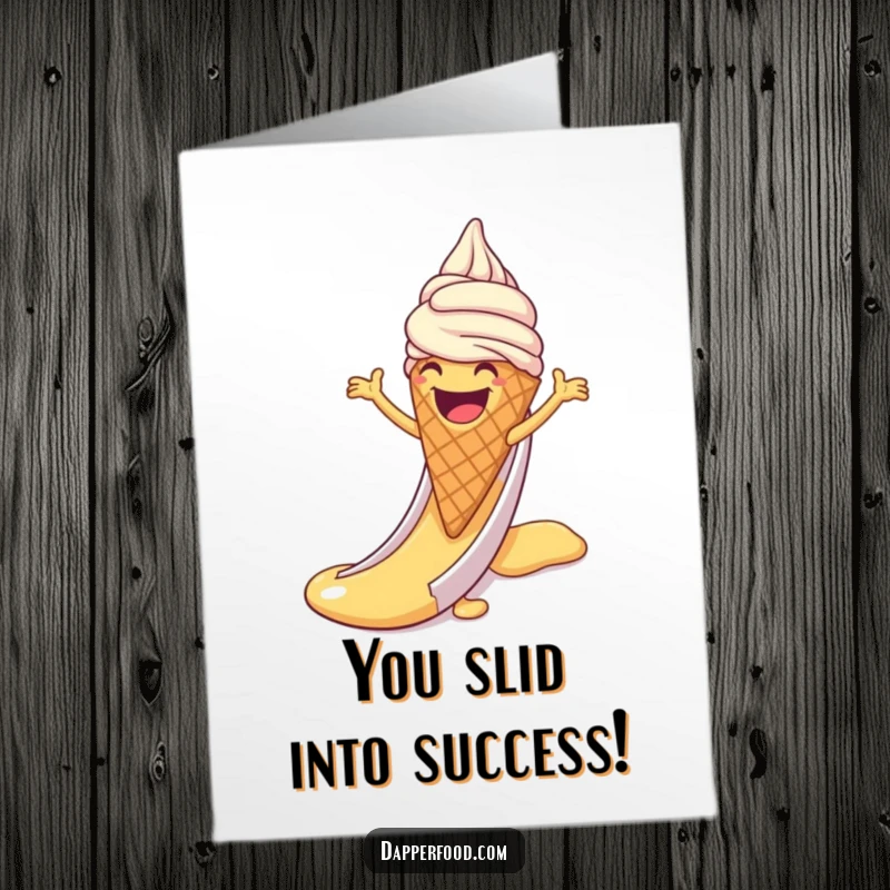 Funny Free Printable Congrats Card: Laughing Ice Cream Cone with Arms Sliding Down a Syrup Slide, Sweet Victory