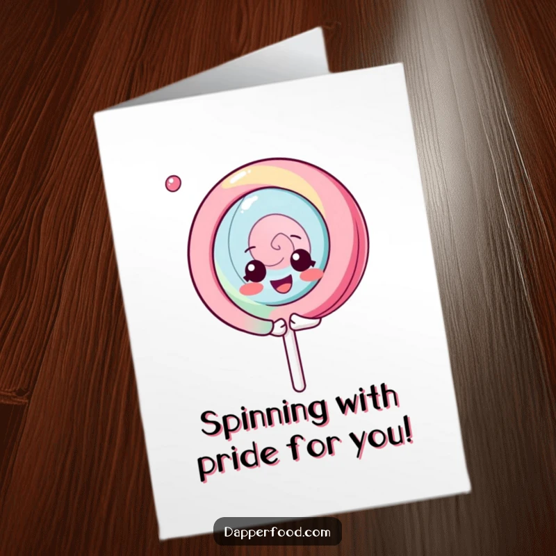 Funny Free Printable Congrats Card: Kawaii lollipop spinning gleefully to celebrate success, joyful art.