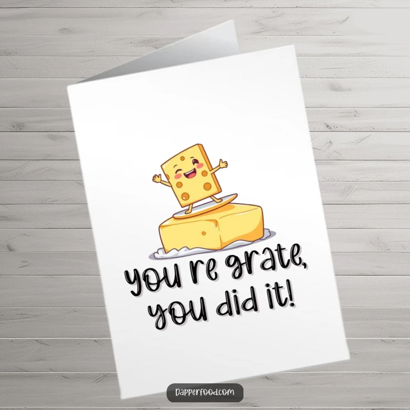 Funny Free Printable Congrats Card: Cheese slice character surfing a giant butter pat with a goofy grin, celebrating success.