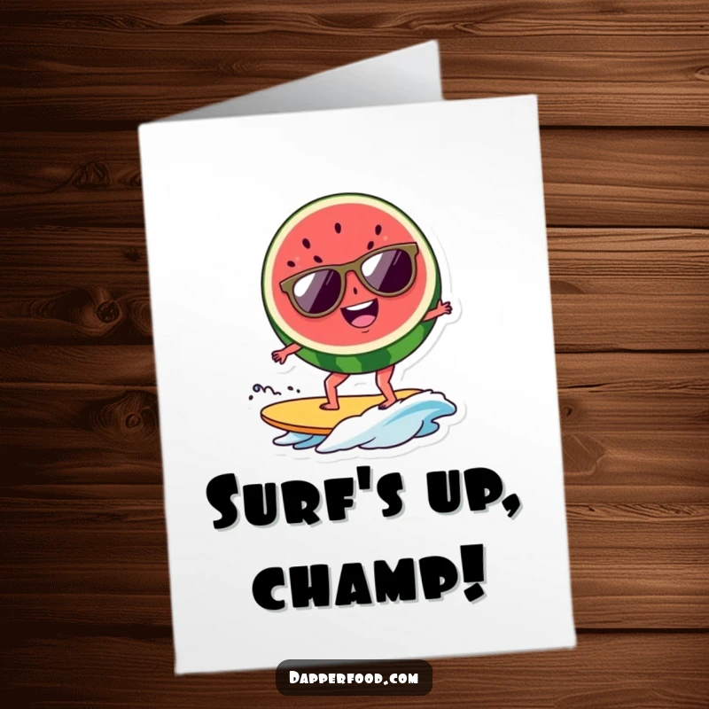 Funny Free Printable Congratulations Card: A cool watermelon slice wearing sunglasses surfing a wave.