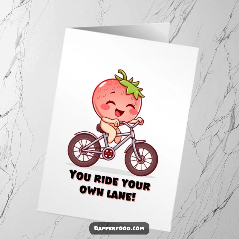 Funny Free Printable Congrats Card: Strawberry character winks while riding a tiny bicycle with square wheels, celebrating success.