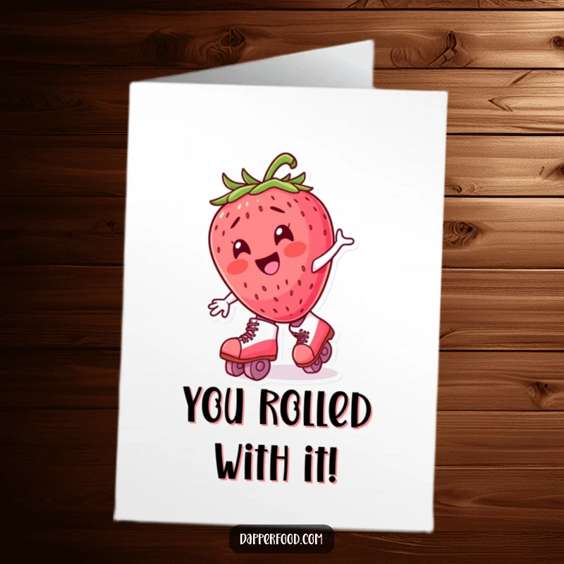 Funny free printable congratulations card: Joyful strawberry character attempting to skate with huge skates, cheering you on.
