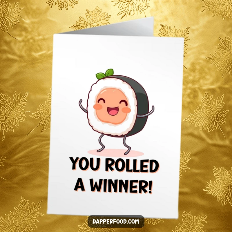 Funny free printable congratulations card: a happy sushi roll bounces excitedly on tiny spring legs, celebrating a successful leap.