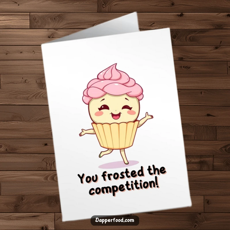 Funny Free Printable Congratulations Card: A giggling cupcake character with frosting hair performing a perfect pirouette to mark a win