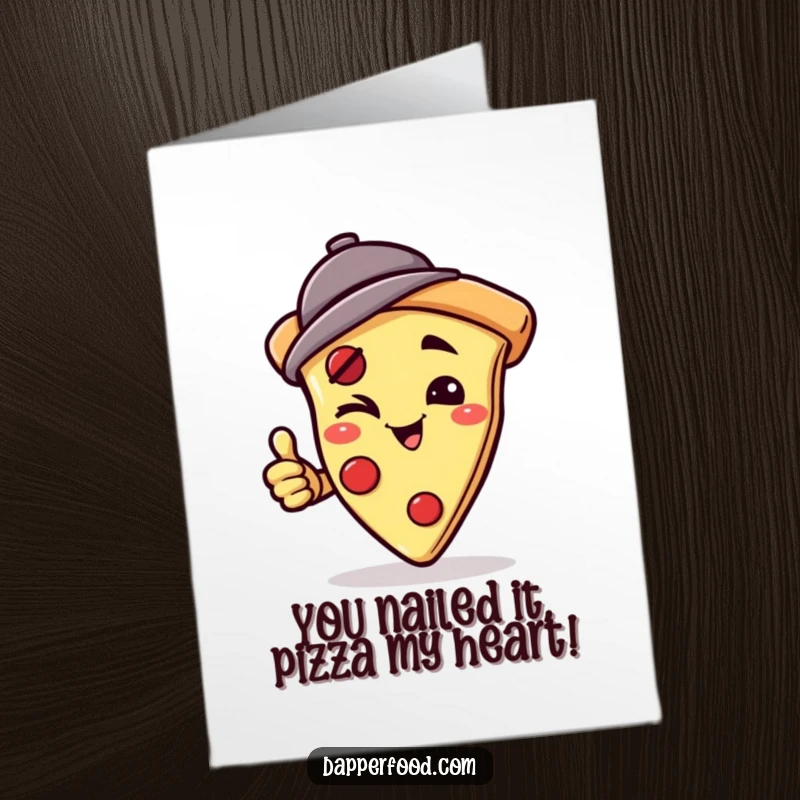 Funny Free Printable Congratulations Card: A winking pizza slice character in a jaunty hat attempting a handstand to celebrate a great achievement