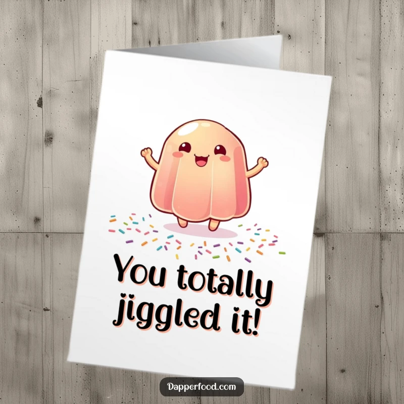 Funny Free Printable Congratulations Card: A wobbly jelly bouncing with pure joy on sprinkles, celebrating a win, DIY printable