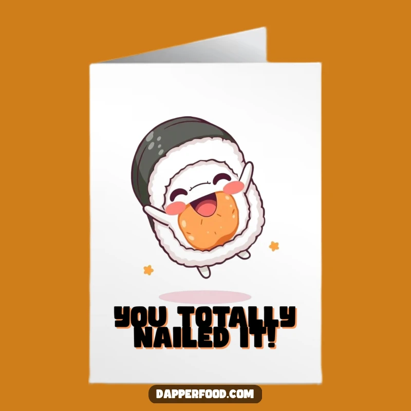 Free Printable Kawaii Sushi Congratulations Card: Joyful Somersaulting Roll Downloadable Gift
