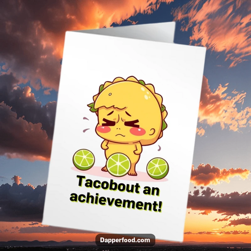 Funny Free Printable Congratulations Card: A nervous taco sweating while barely juggling three tiny limes.