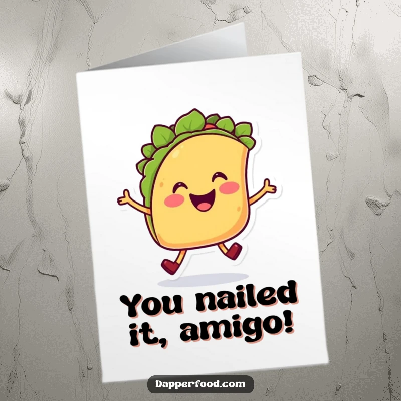 Funny Free Printable congratulations card with a smiling taco character doing a joyful hop, celebrating success.