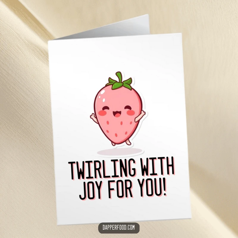 Funny Free Printable Congrats Card: Kawaii strawberry doing a cheerful twirl, perfect for celebrating success.