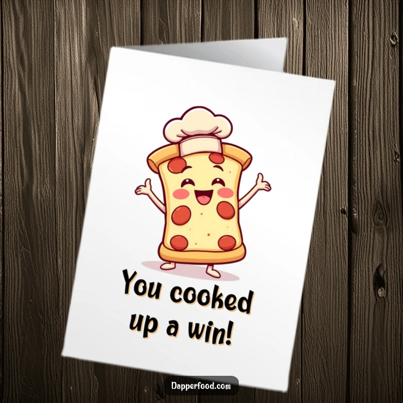 Funny free printable congratulations card: A pizza slice striking a chef pose with a tiny hat, celebrating success.