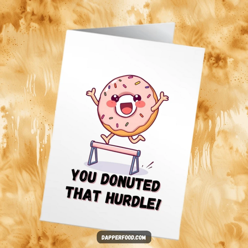 Funny Free Printable Congratulations Card: A delighted donut character leaping over a tiny hurdle to celebrate a sweet success