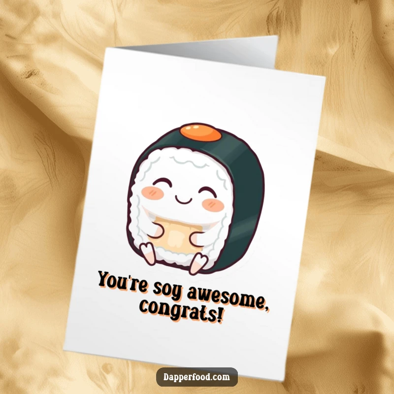 Funny free printable congratulations card: A sushi roll meditating serenely, expressing calm congratulations, cute illustration.