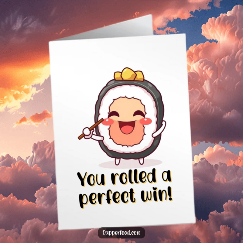 Funny Free Printable Congratulations Card: A grinning sushi character impressively juggling chopsticks to celebrate a big win