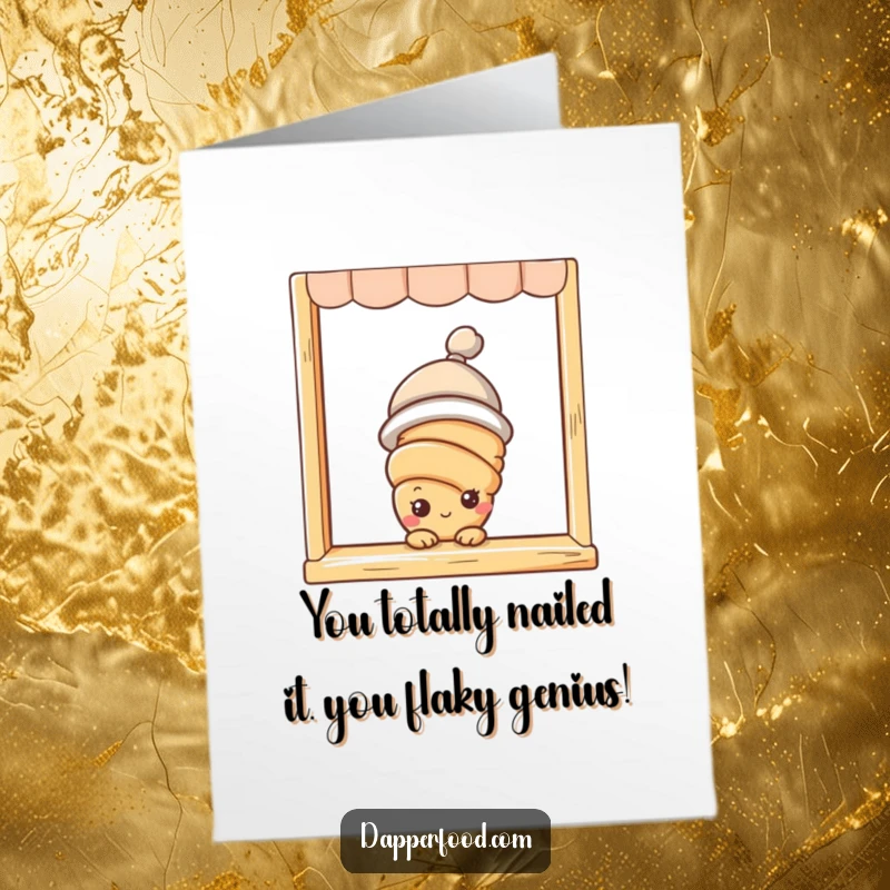 Funny free printable congratulations card featuring a curious croissant with eyes and a hat peeking from a window, offering cheers.
