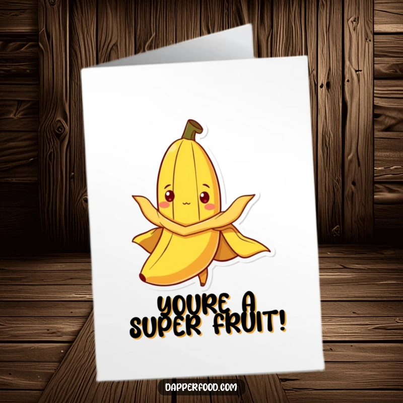 Funny Free Printable Congratulations Card showing a banana heroically flying with a peel cape, celebrating success.