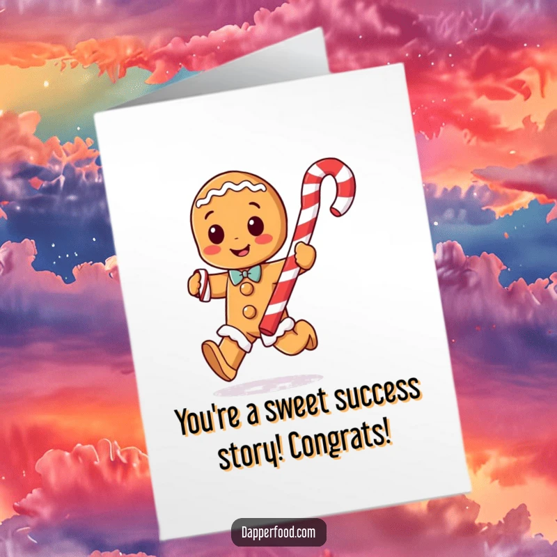 Funny free printable congratulations card showing a playful gingerbread man with arms running with a giant candy cane in celebration.