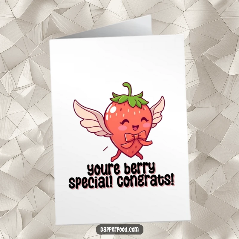 Funny free printable congratulations card: a strawberry with legs and ribbon aims for the sky with small wings, celebrating success.