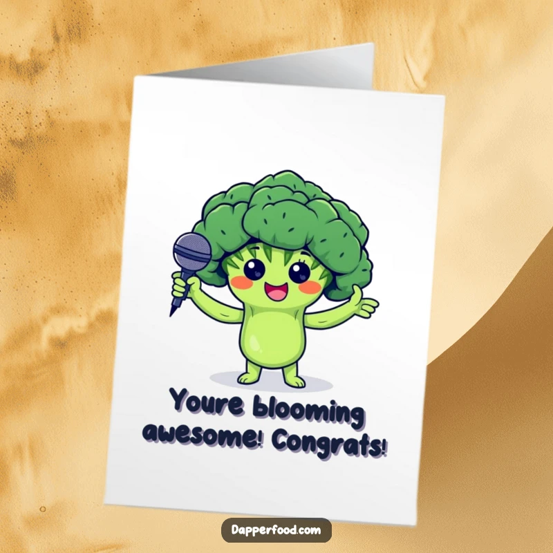 Funny free printable congratulations card: a broccoli floret proudly presents a tiny microphone after a significant achievement.