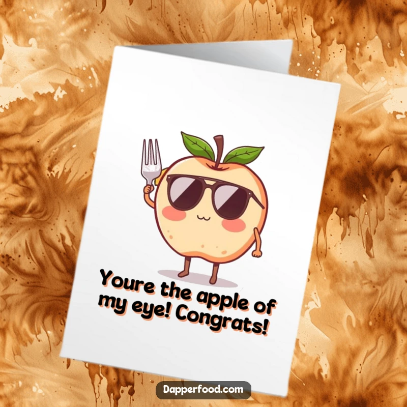 Funny free printable congratulations card: a cool apple in sunglasses gives a salute with a small fork, celebrating success.