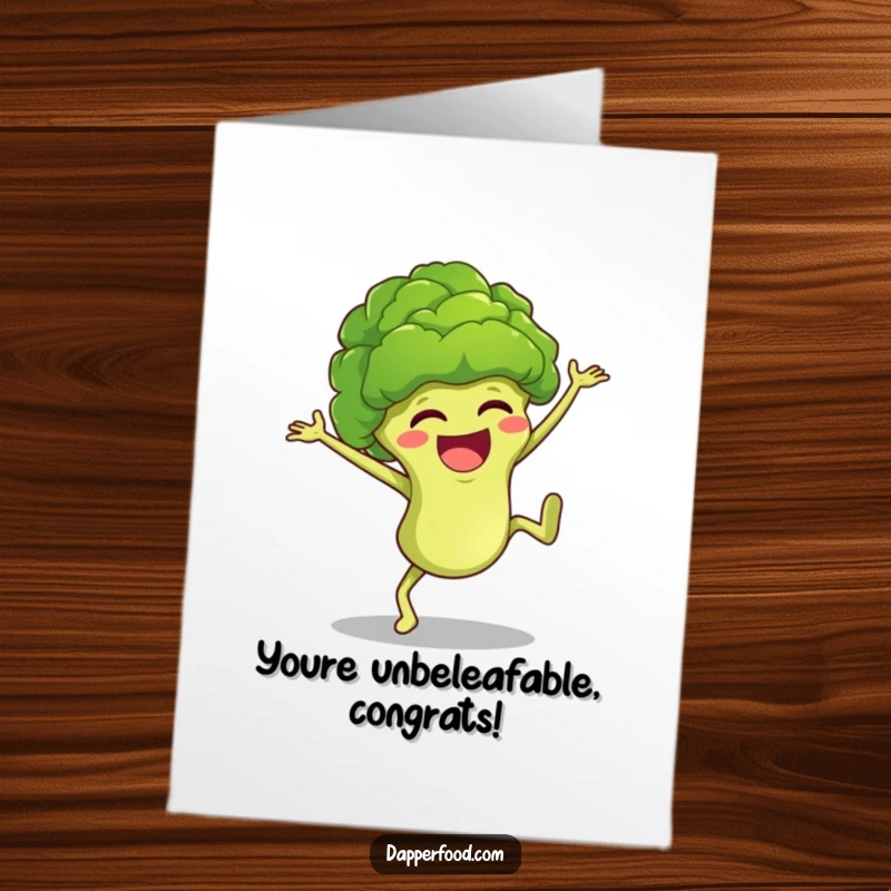 Funny Free Printable Congratulations Card: Giggling broccoli floret performing an energetic cartwheel to celebrate your success.