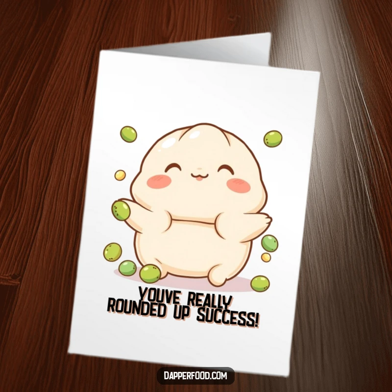 Funny Free Printable Congratulations Card: A playful dumpling with rosy cheeks balances on a small ball, celebrating achievement.
