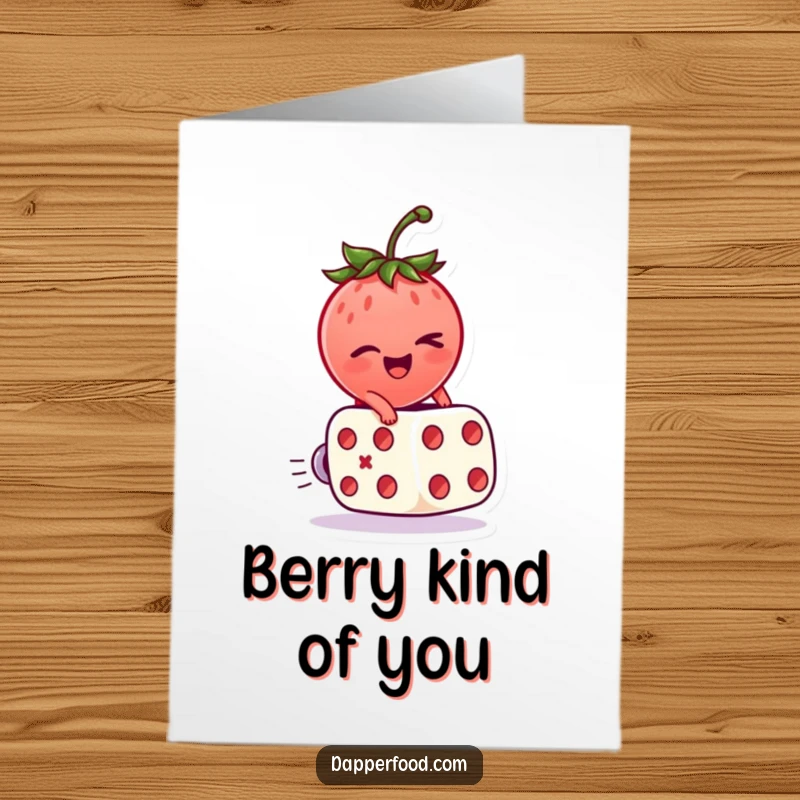 Funny Free Printable Thank You Card: A winking strawberry character rests on a rolling dice, conveying thanks.