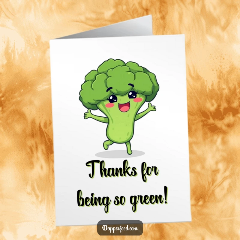 Funny Free Printable Thank You Card featuring a beaming broccoli floret in the middle of a joyous, silly dance.