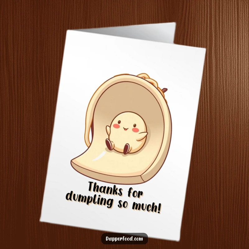 Funny Free Printable Dumpling Thank You Card: A smiling dumpling character happily sliding down a giant noodle slide, showing gratitude with delight.