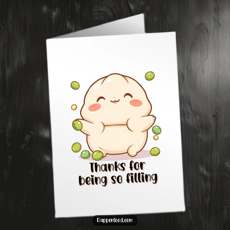 Funny Free Printable Thank You Card: A rosy-cheeked dumpling character balances on a tiny ball, sending thanks with charm.
