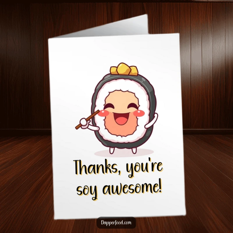 Funny Free Printable Thank You Card: A smiling sushi character juggling chopsticks, expressing heartfelt, humorous thanks
