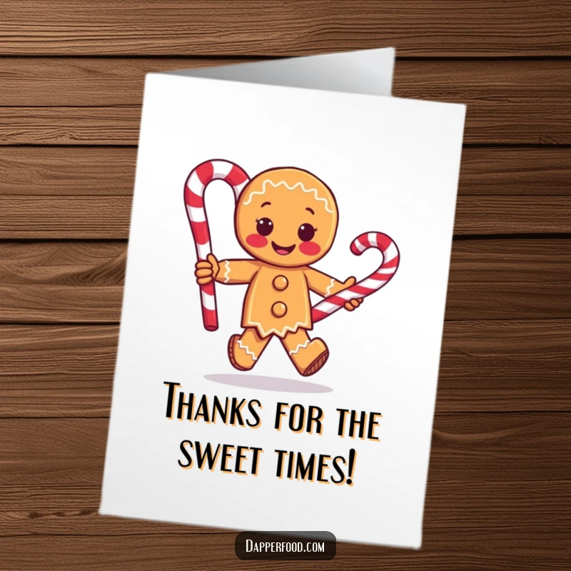 Funny free printable thank you card with a gingerbread man with arms running with a giant candy cane, expressing thanks.