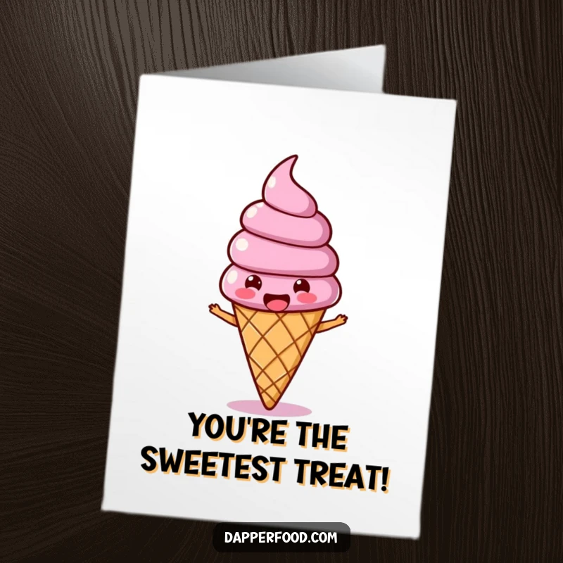Funny Free Printable thank you card featuring a joyous ice cream cone character with a wobbling topping, conveying thanks.
