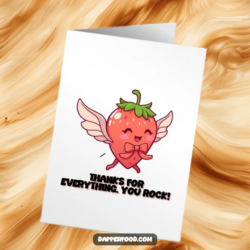 Funny Free Printable Thank You Card: A delightful strawberry with wings and a ribbon flaps, conveying sweet thanks.