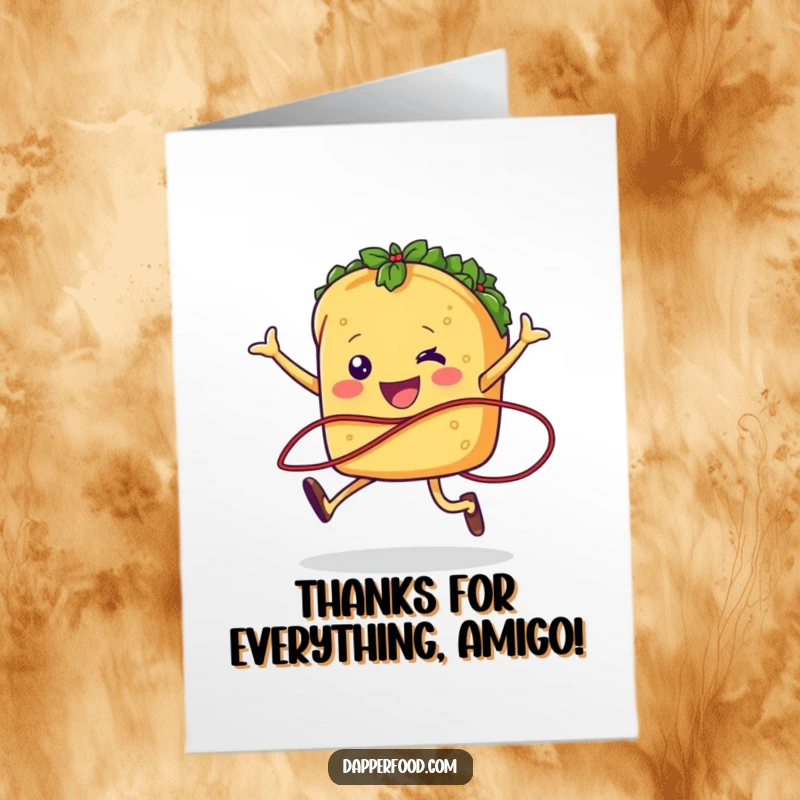Funny Free Printable Taco Thank You Card: A cheerful taco character with legs joyfully jumping rope with a salsa strand, expressing thanks with zest.