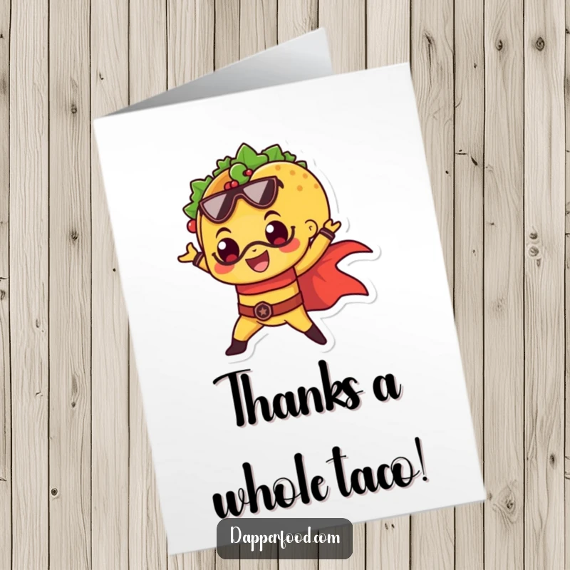 Funny Free Printable Thank You Card: A taco in a dramatic superhero pose, expressing thanks, unique downloadable gift