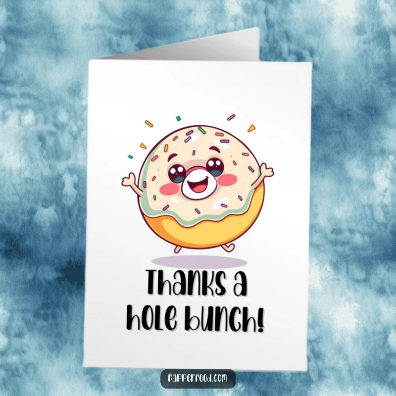 Funny Free Printable Thank You Card: A happy donut character bouncing with sprinkles flying.
