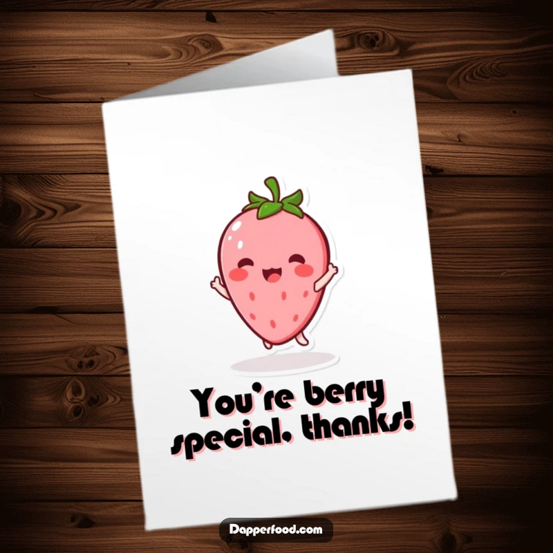 Funny Free Printable Thank You Card: Kawaii strawberry character twirling with happiness, a cute expression of thanks.